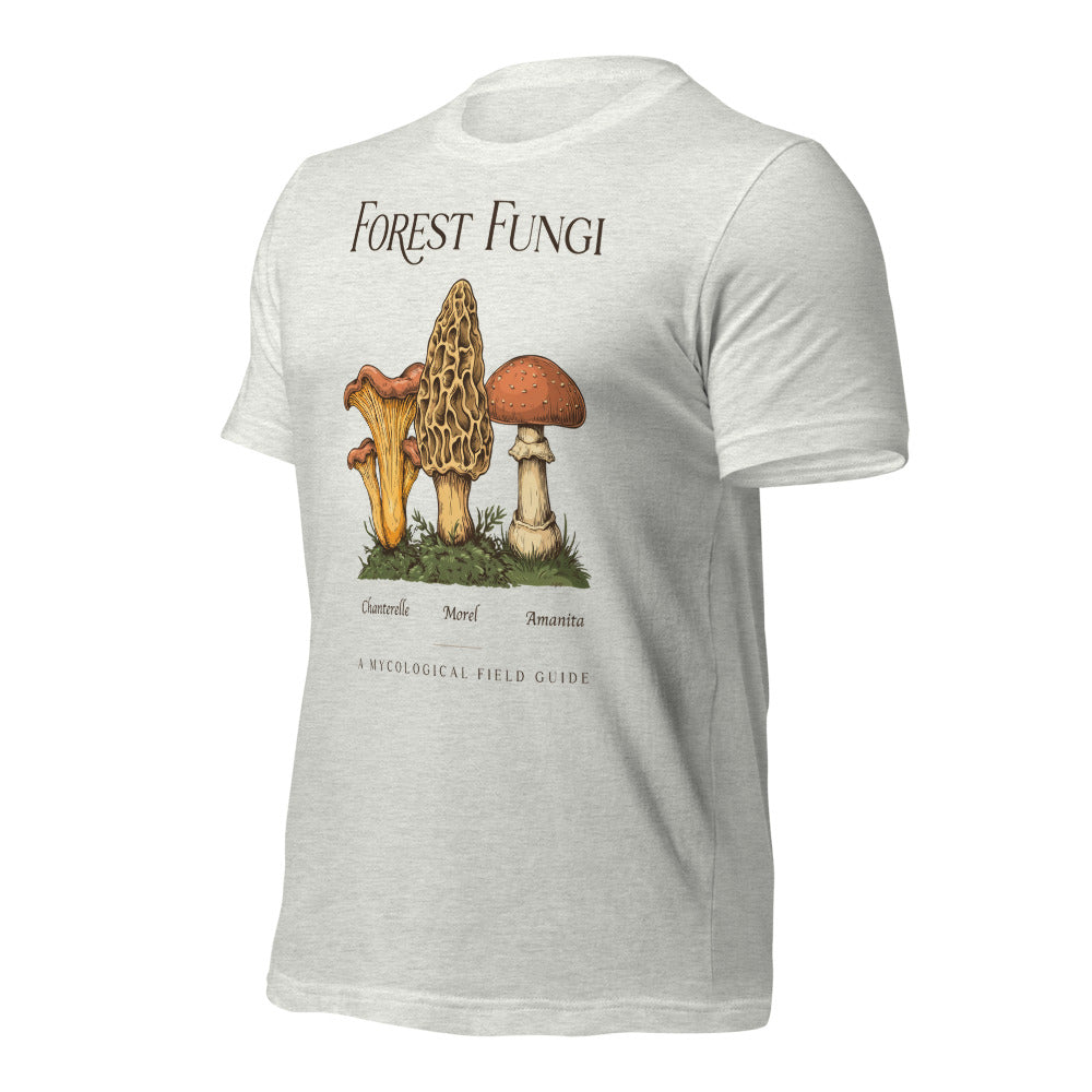 Forest Fungi vintage mushroom field guide tee — Ash, front-right