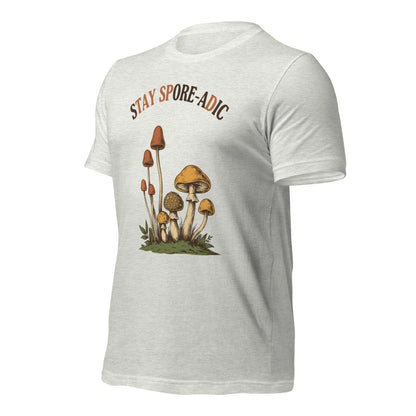 Stay Spore-adic funny vintage mushroom tee — Ash, front-right