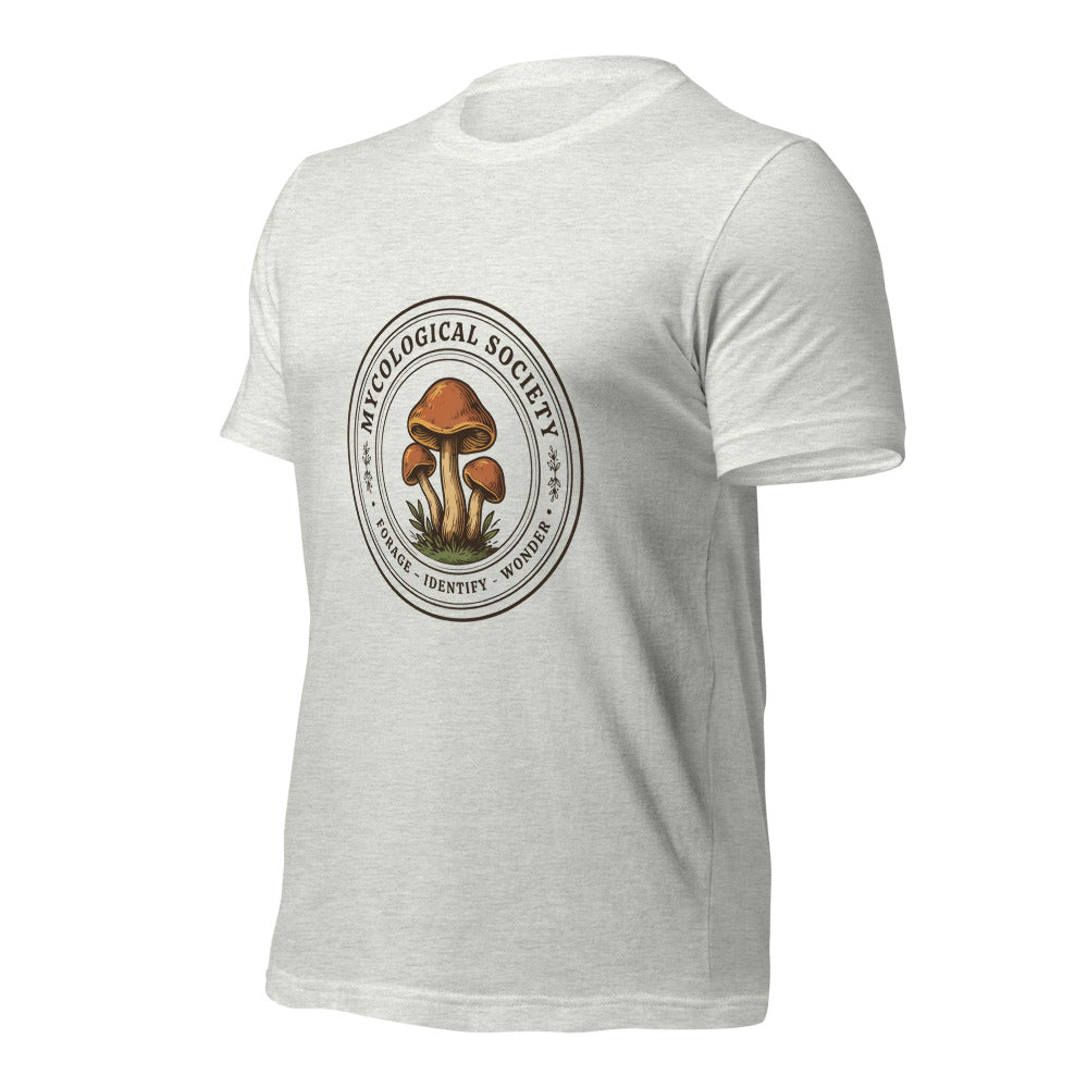 Mushroom Foraging Mycological Society vintage botanical tee — Ash, front-right