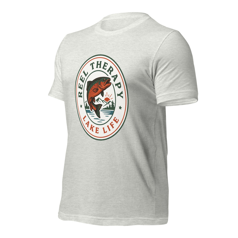 Reel Therapy retro national-park trout badge fishing tee — Ash, front-right