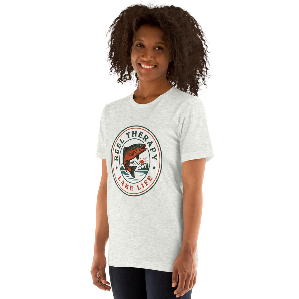 Reel Therapy retro national-park trout badge fishing tee — Ash, on model