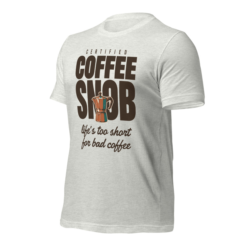 Certified Coffee Snob coffee tee — Ash, front-right