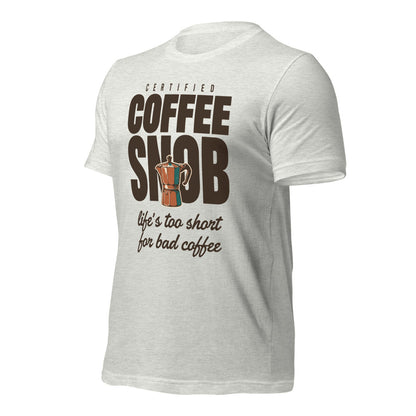 Certified Coffee Snob coffee tee — Ash, front-right