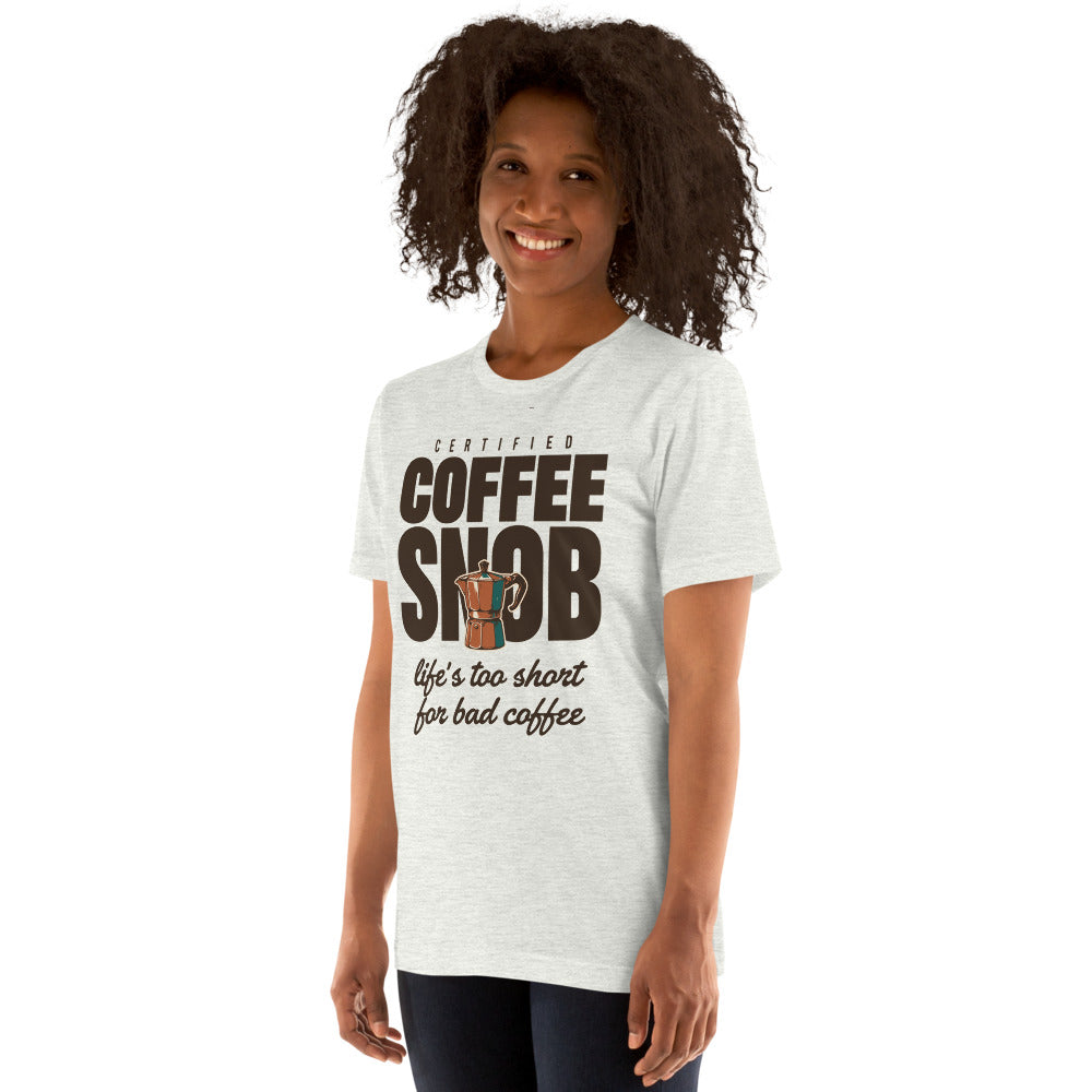Certified Coffee Snob coffee tee — Ash, on model