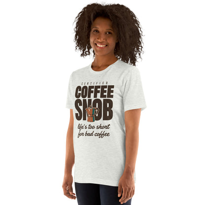 Certified Coffee Snob coffee tee — Ash, on model