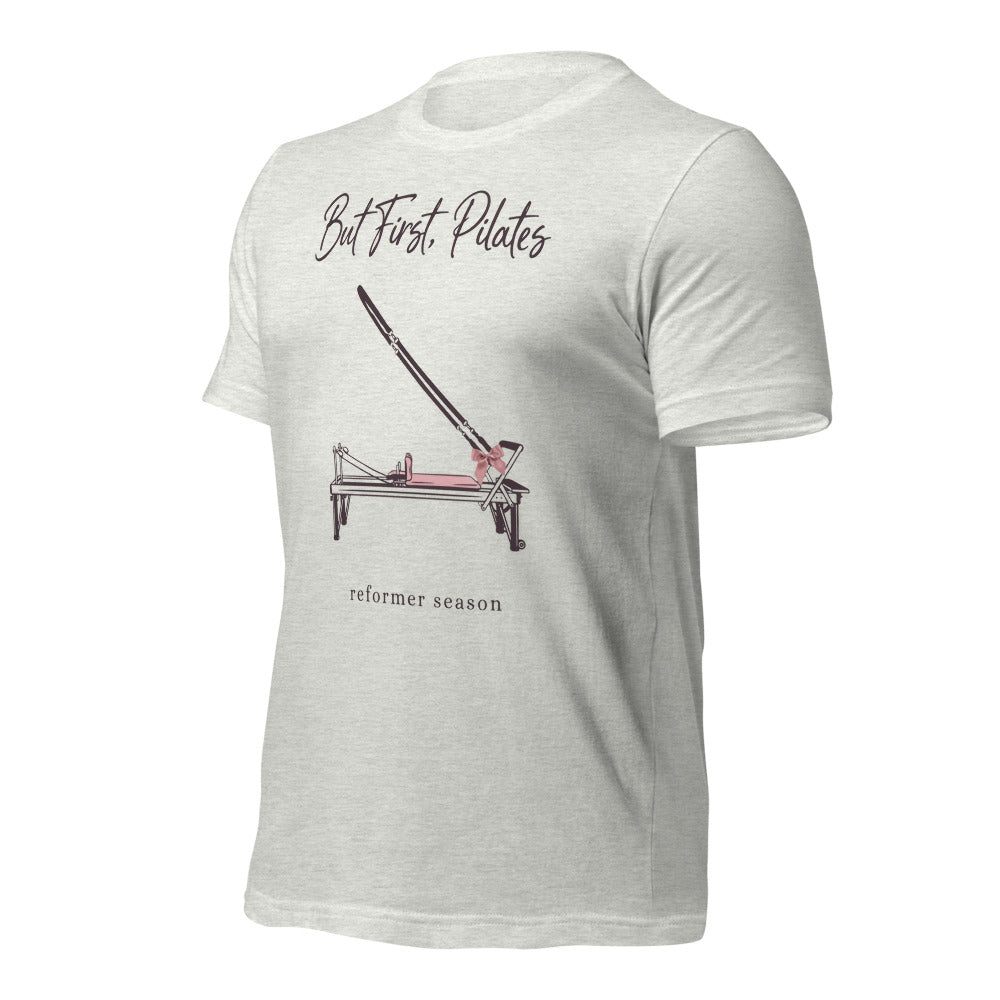 But First Pilates reformer line-art tee — Ash, front-right