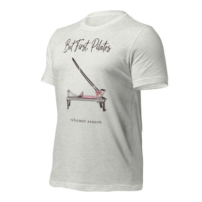 But First Pilates reformer line-art tee — Ash, front-right