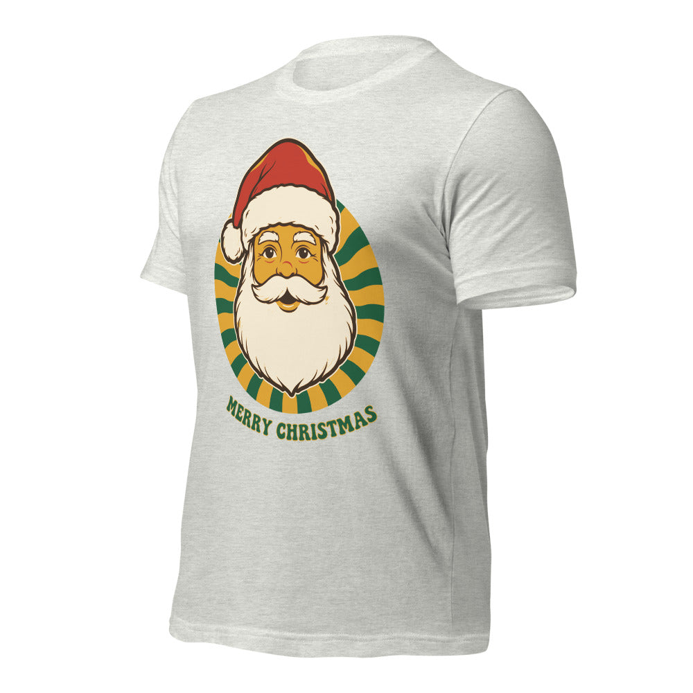 Groovy Santa retro Christmas tee — Ash, front-right