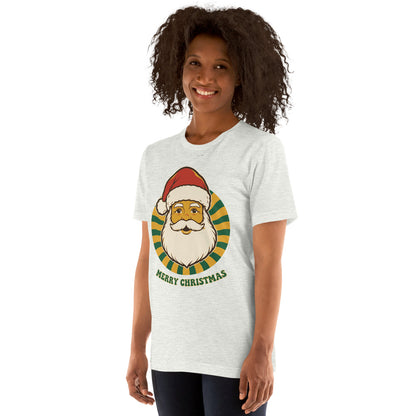 Groovy Santa retro Christmas tee — Ash, on model