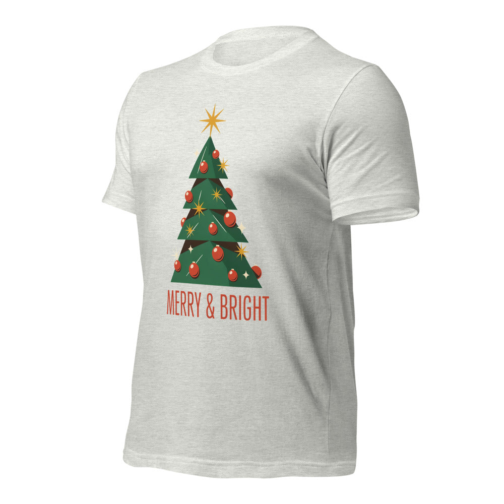 Atomic mid-century retro Christmas tree tee — Ash, front-right