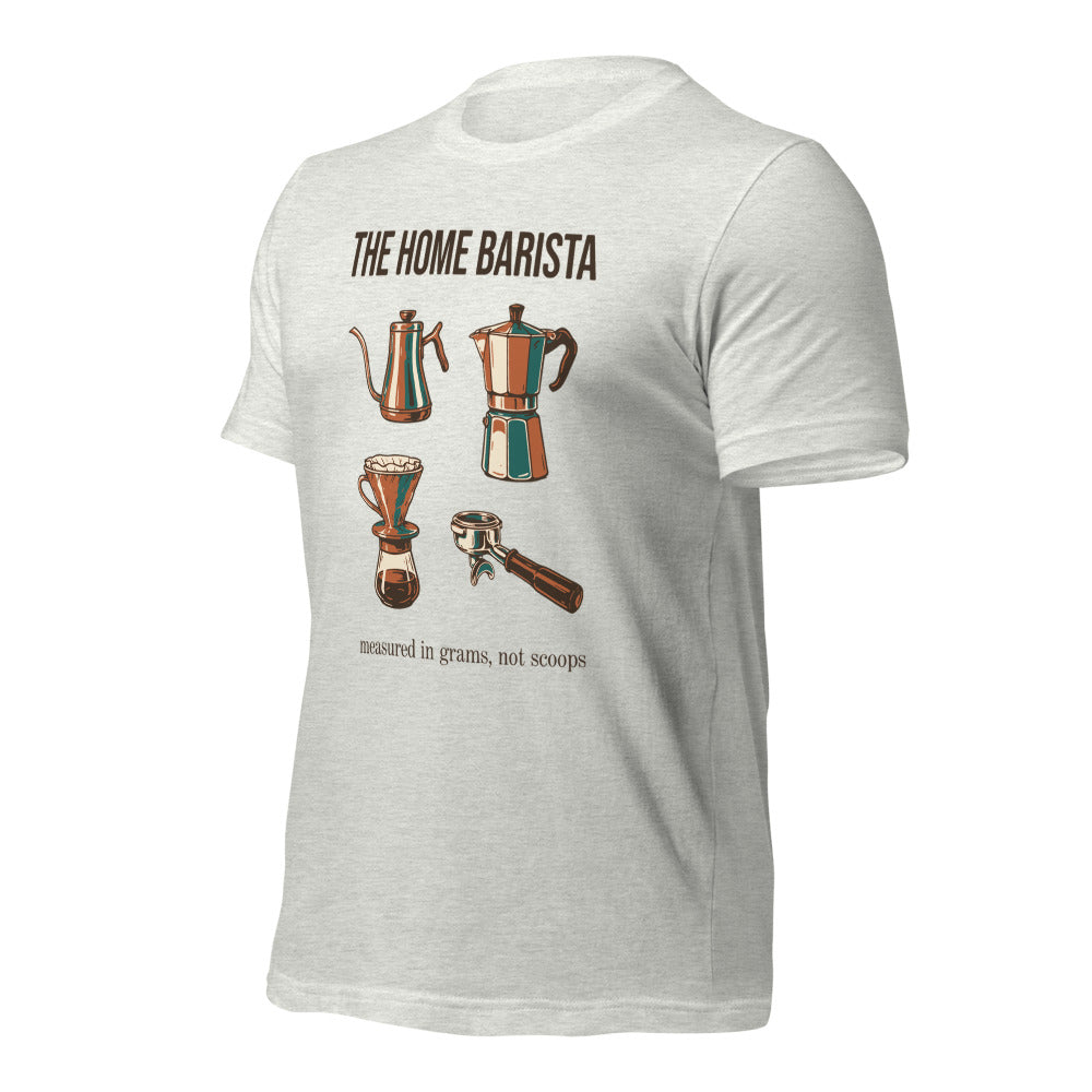 The Home Barista specialty coffee tee — Ash, front-right