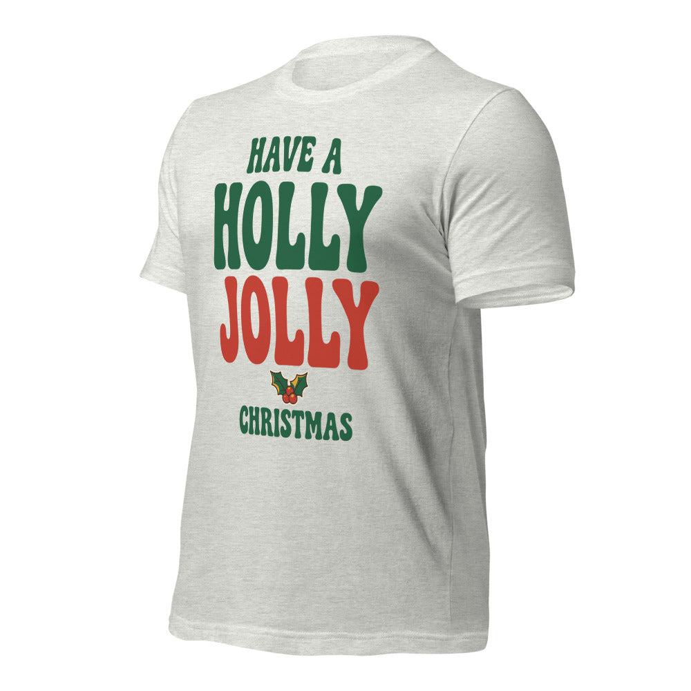 Groovy Holly Jolly retro Christmas tee — Ash, front-right