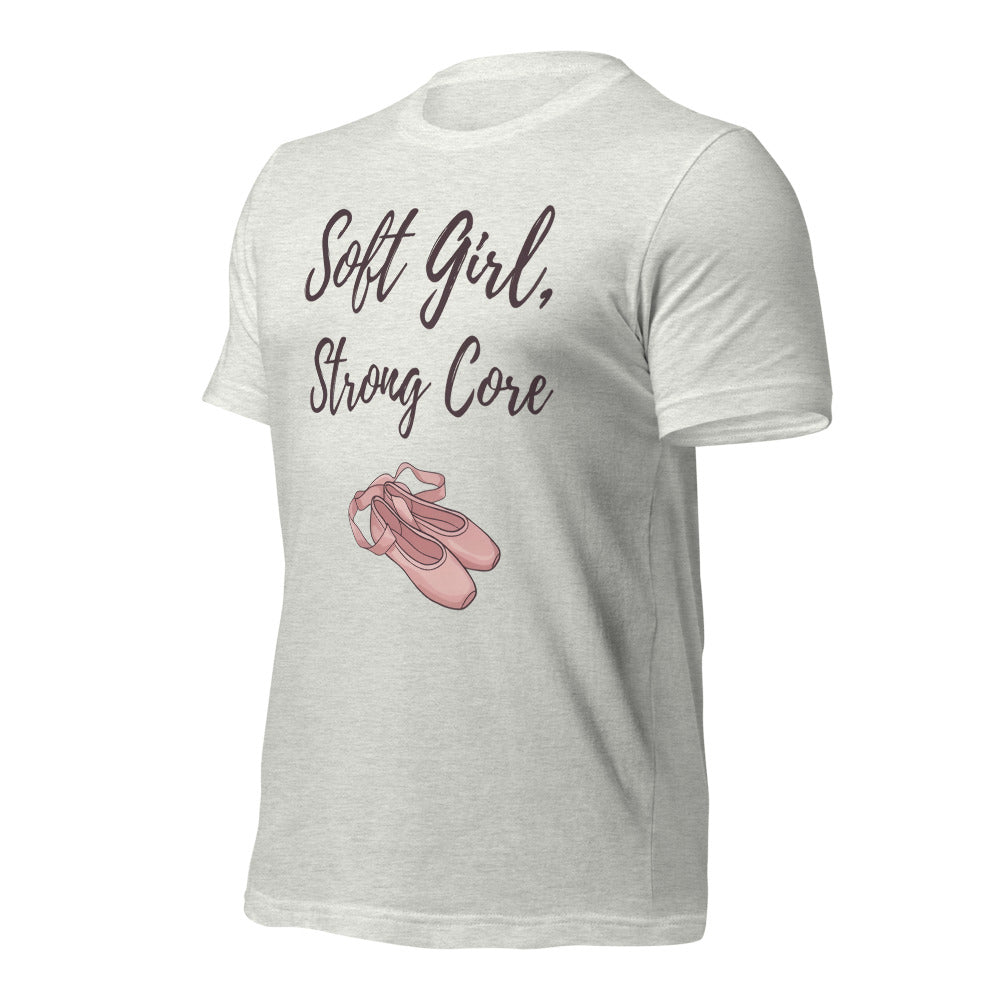 Soft Girl Strong Core ballet coquette pilates tee — Ash, front-right