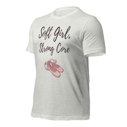 Soft Girl Strong Core ballet coquette pilates tee — Ash, front-right