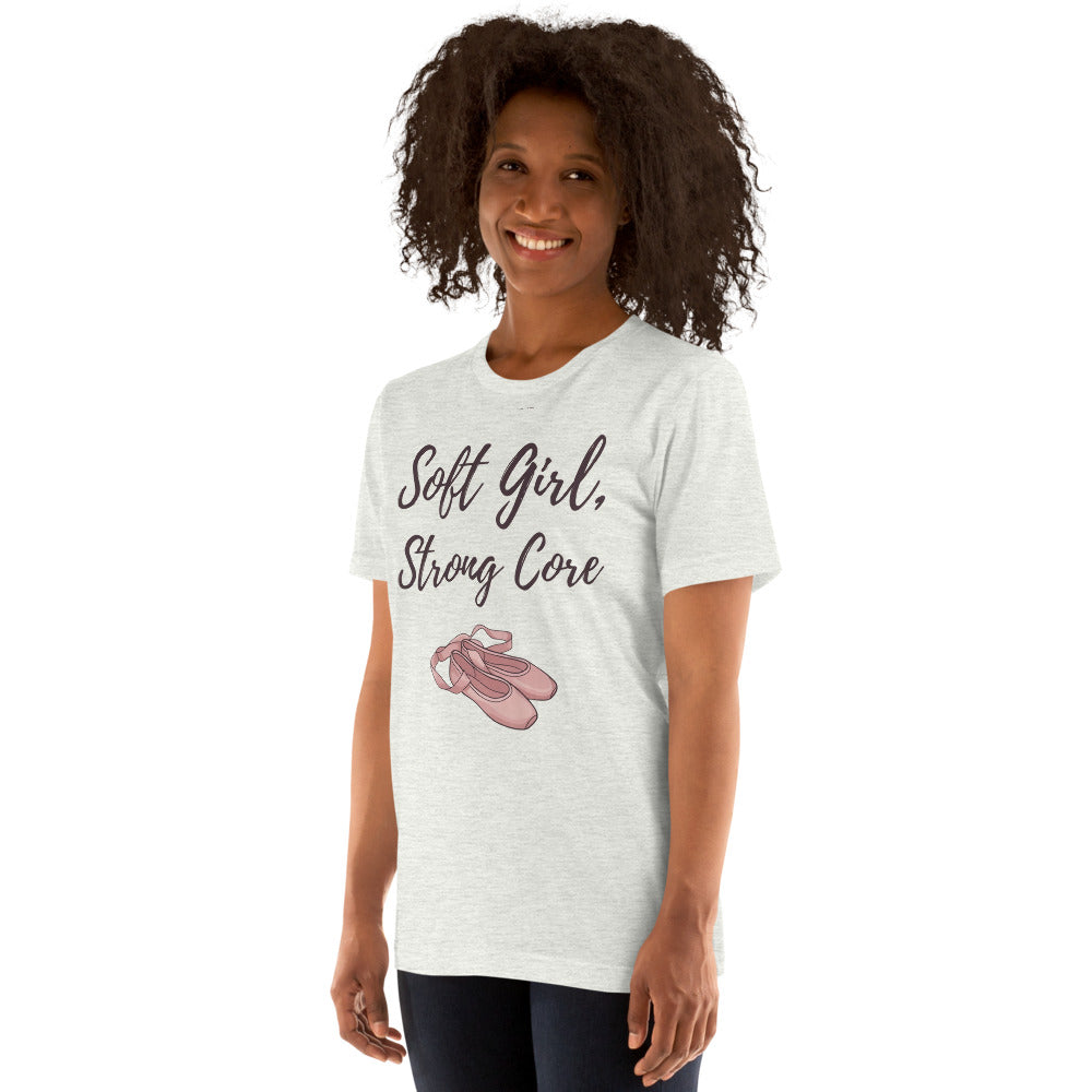 Soft Girl Strong Core ballet coquette pilates tee — Ash, on model