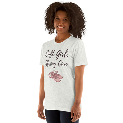 Soft Girl Strong Core ballet coquette pilates tee — Ash, on model