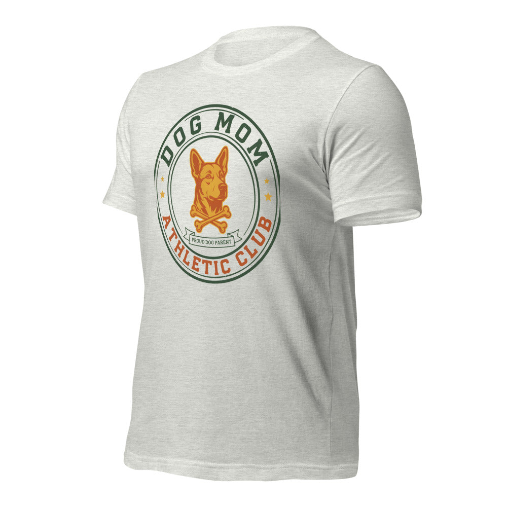 Dog Mom Athletic Club vintage varsity crest tee — Ash, front-right