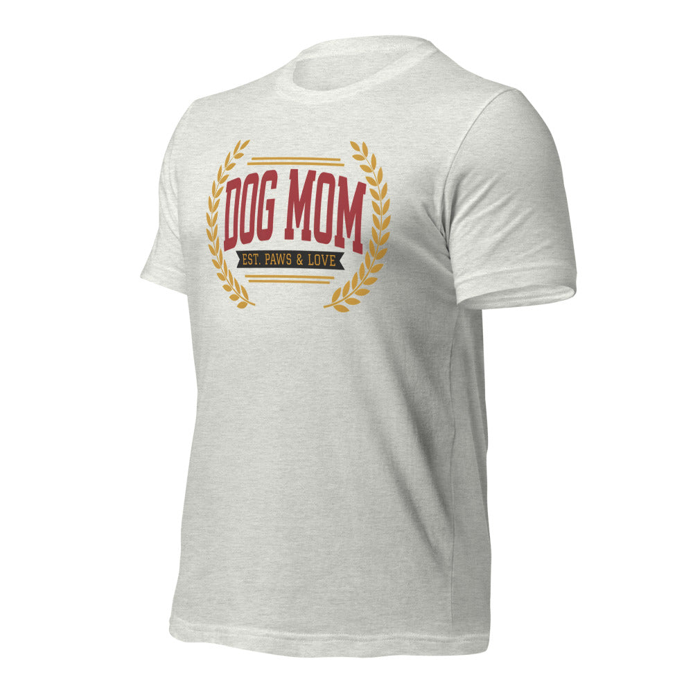 Dog Mom vintage varsity wordmark tee — Ash, front-right