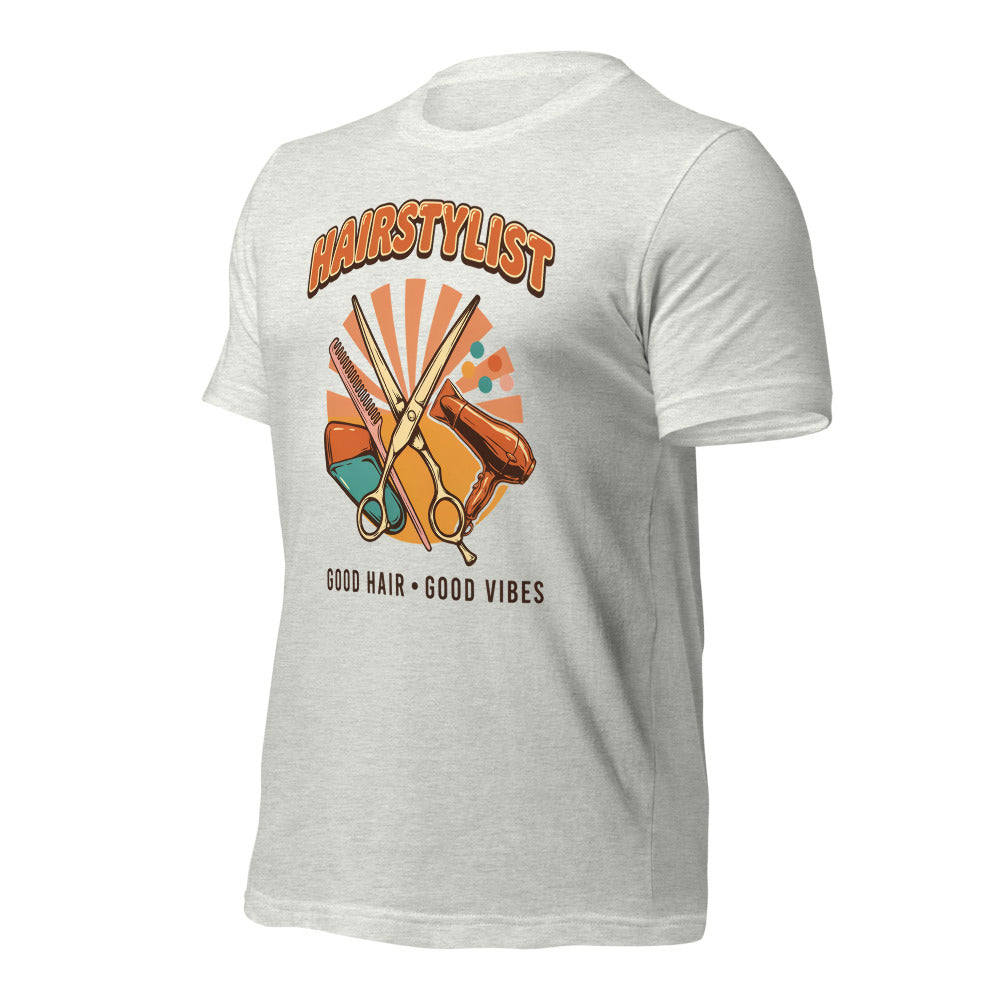 Retro Salon Hairstylist good hair good vibes tee — Ash, front-right