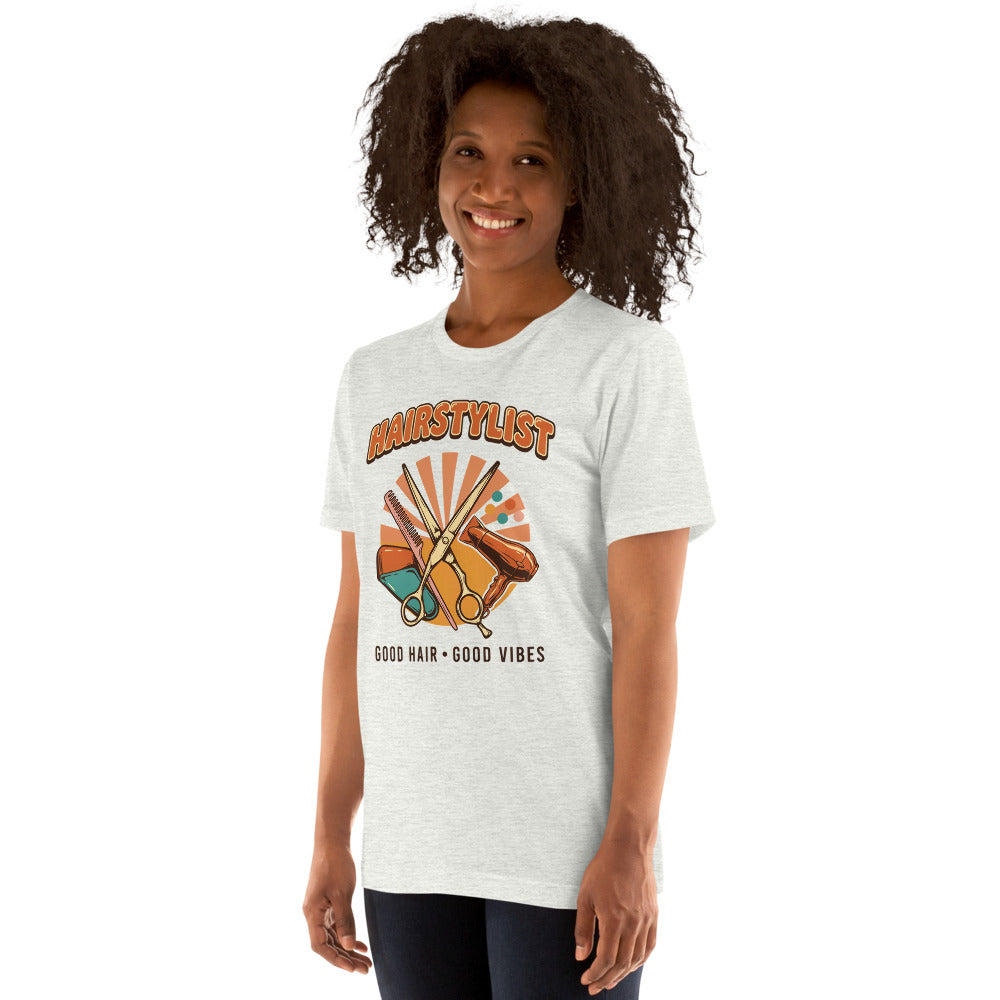 Retro Salon Hairstylist good hair good vibes tee — Ash, on model