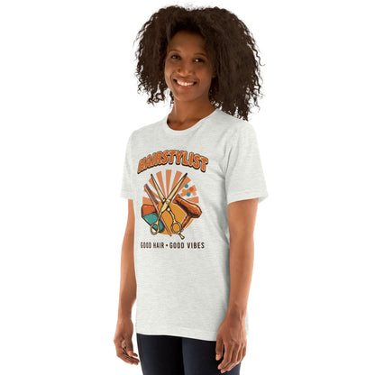 Retro Salon Hairstylist good hair good vibes tee — Ash, on model