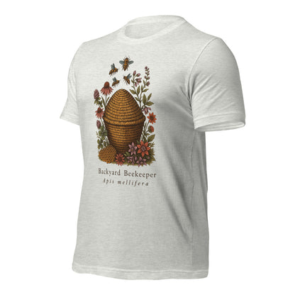 Backyard Beekeeper field-guide bee tee — Ash, front-right