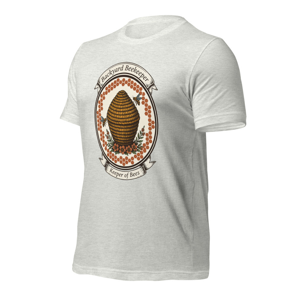 Backyard Beekeeper Keeper of Bees vintage apiary crest tee — Ash, front-right