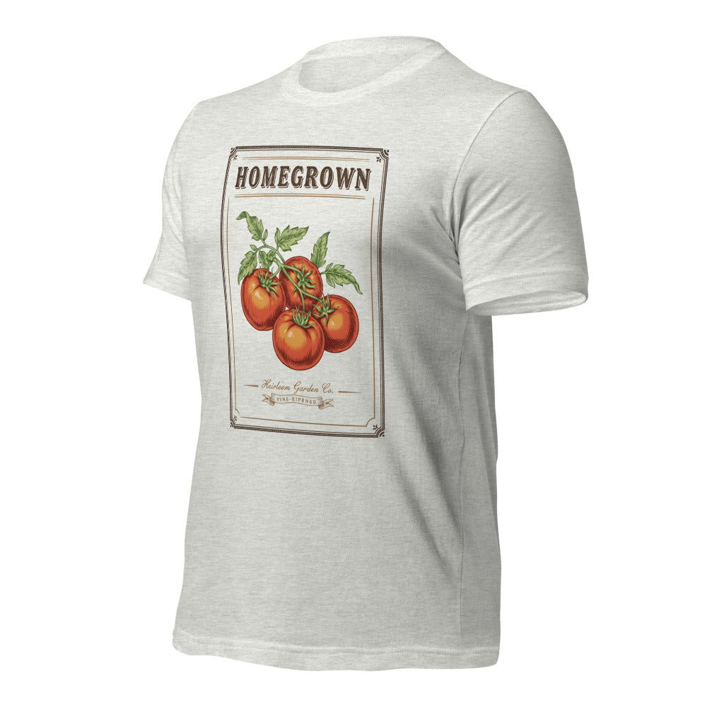 Homegrown Heirloom Seed Packet gardening tee — Ash, front-right