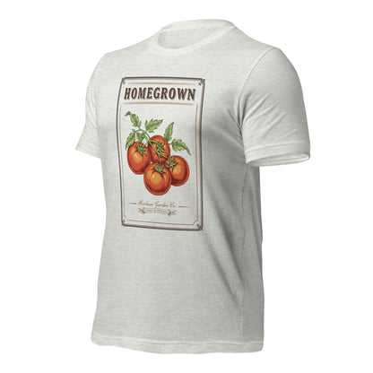 Homegrown Heirloom Seed Packet gardening tee — Ash, front-right