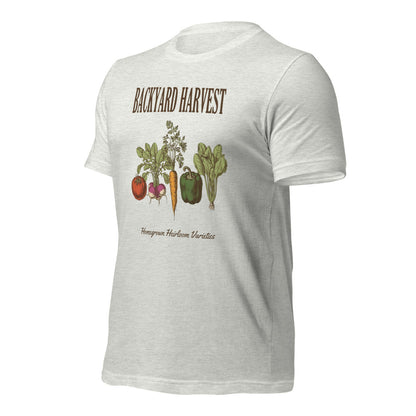 Backyard Harvest heirloom vegetable gardening tee — Ash, front-right