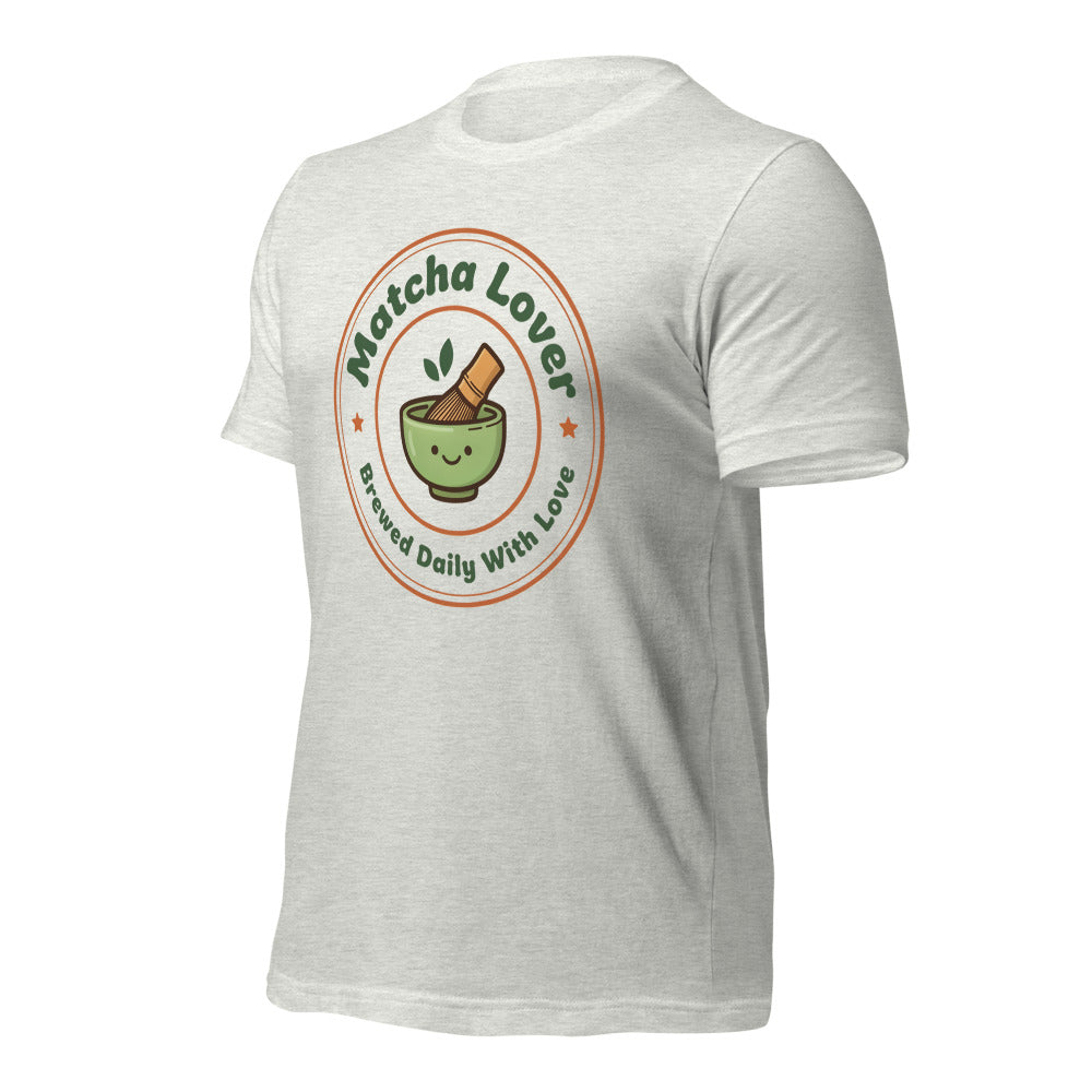 Matcha Lover retro café badge tee — Ash, front-right
