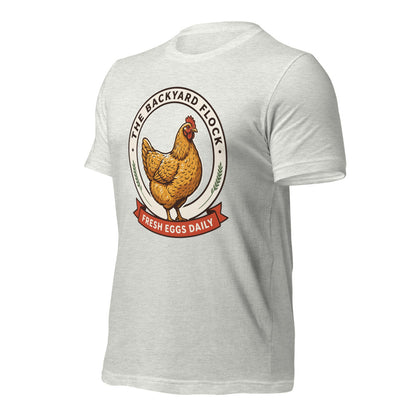 Backyard Flock heritage chicken keeper tee — Ash, front-right