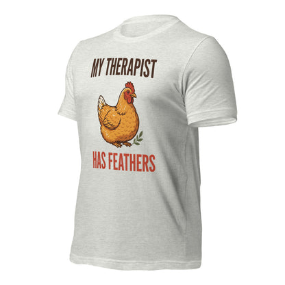 My Therapist Has Feathers funny chicken keeper tee — Ash, front-right