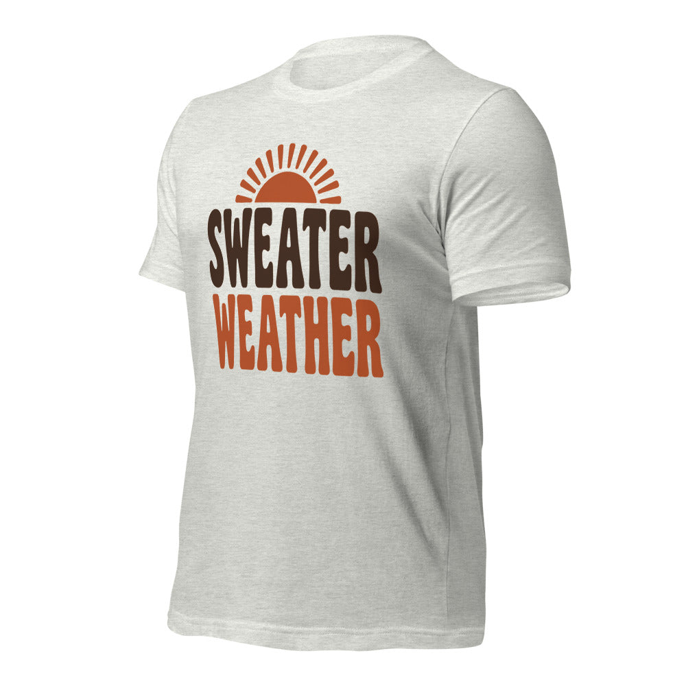 Sweater Weather retro 70s fall t-shirt — Ash, front-right