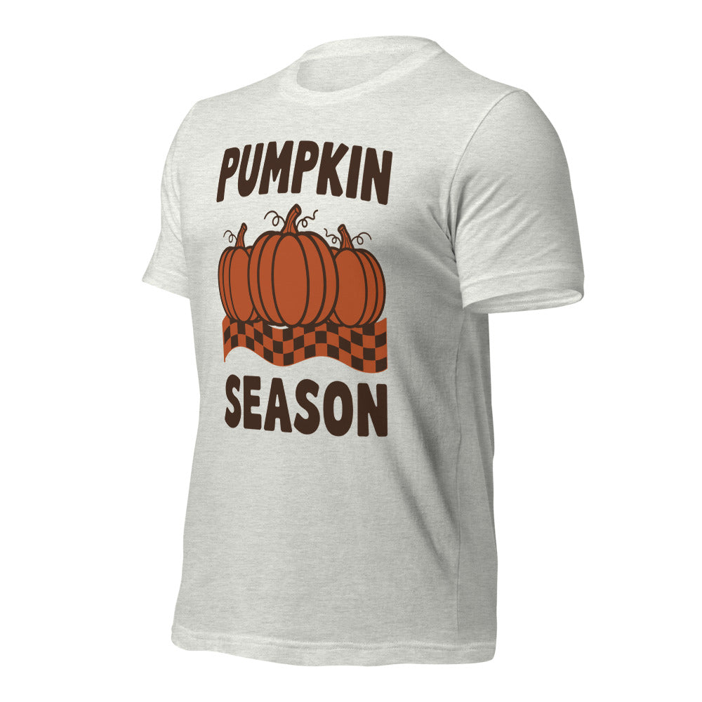 Pumpkin Season retro 70s fall t-shirt — Ash, front-right