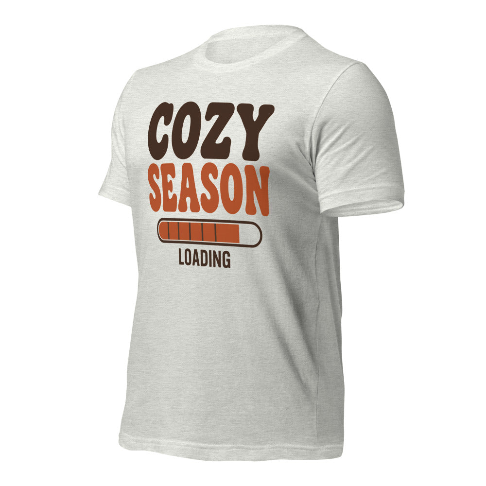 Cozy Season Loading retro 70s fall t-shirt — Ash, front-right
