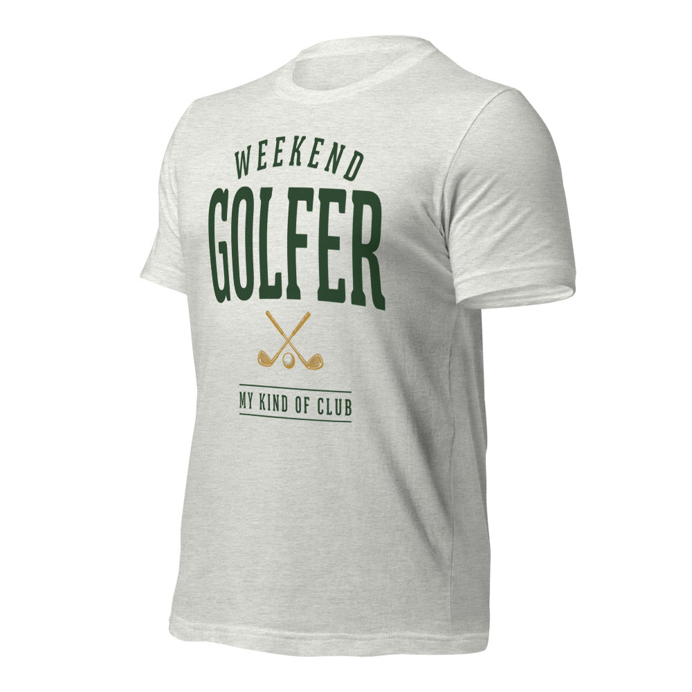 Weekend Golfer vintage golf wordmark tee — Ash, front-right
