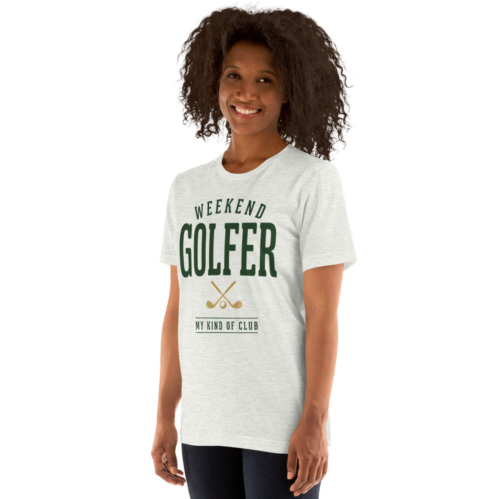 Weekend Golfer vintage golf wordmark tee — Ash, on model