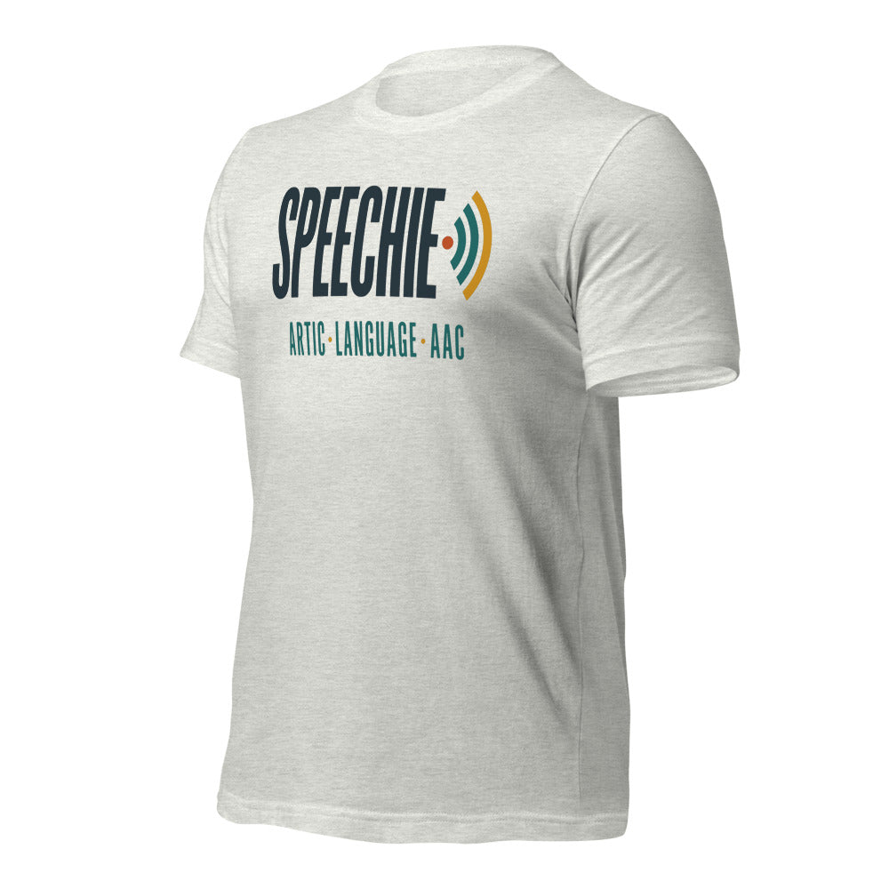 Speechie Wordmark speech therapy tee — Ash, front-right