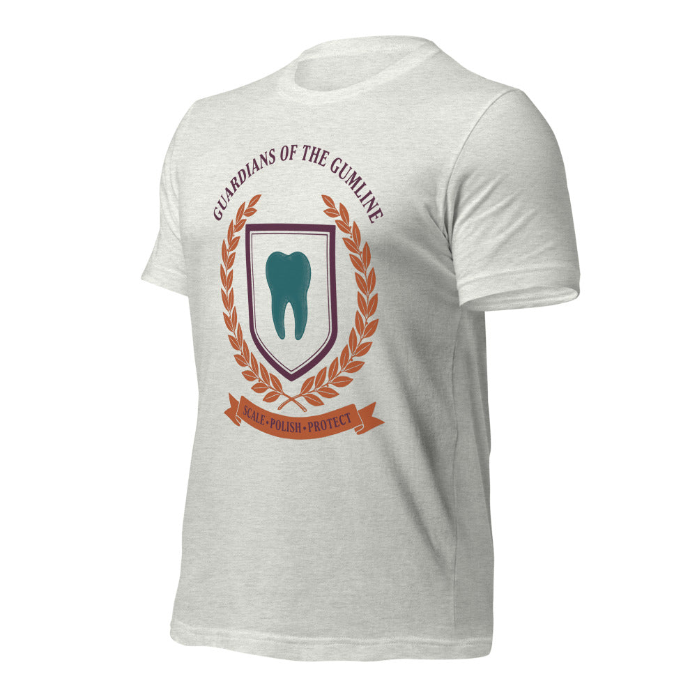 Guardians of the Gumline dental hygienist tee — Ash, front-right