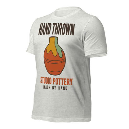 Hand Thrown Studio Pottery retro poster t-shirt — Ash, front-right