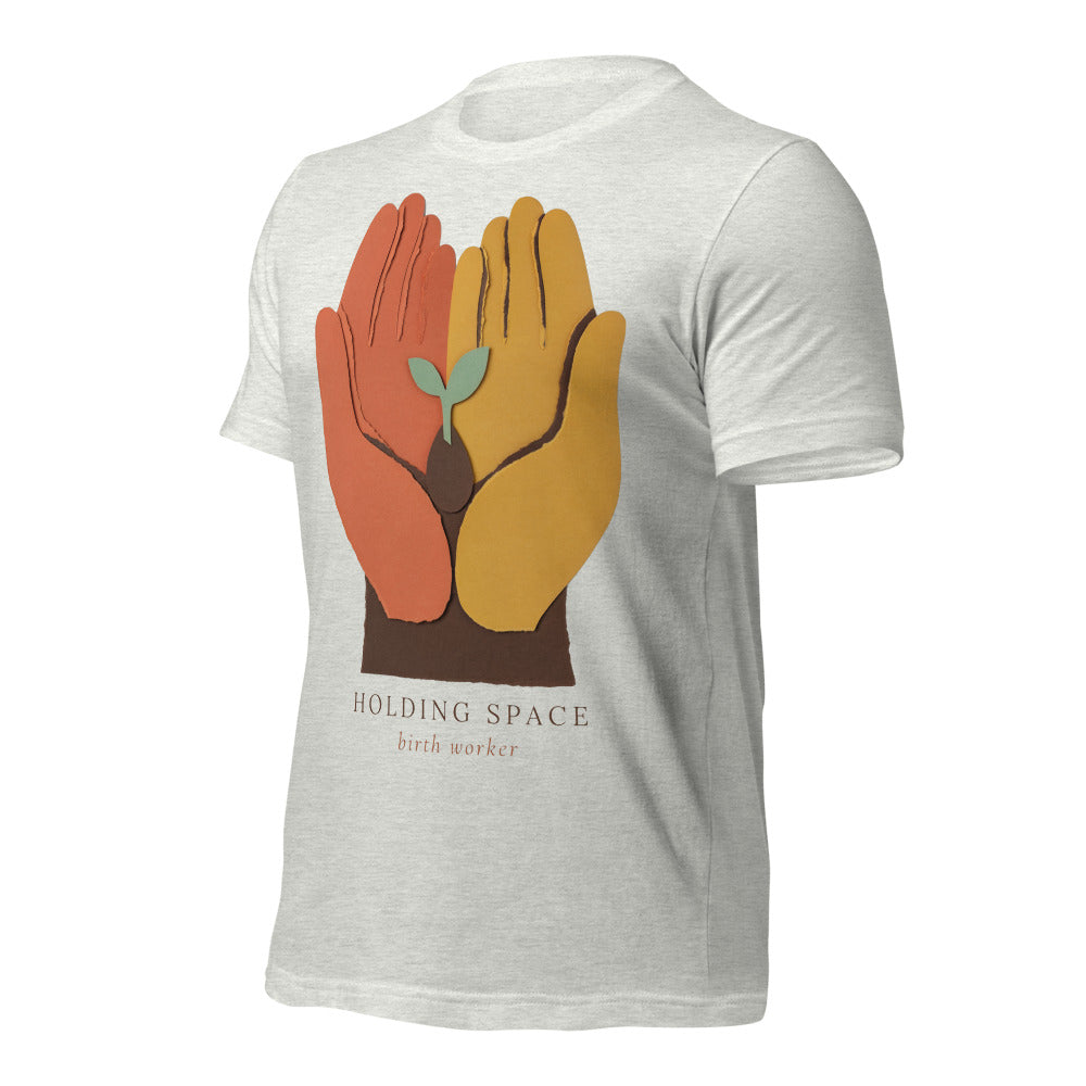 Holding Space birth worker doula t-shirt — Ash, front-right