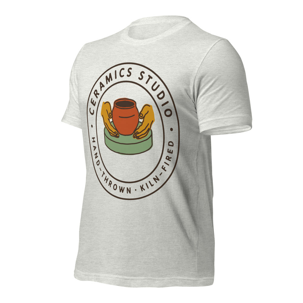 Ceramics Studio Badge hand-thrown pottery t-shirt — Ash, front-right