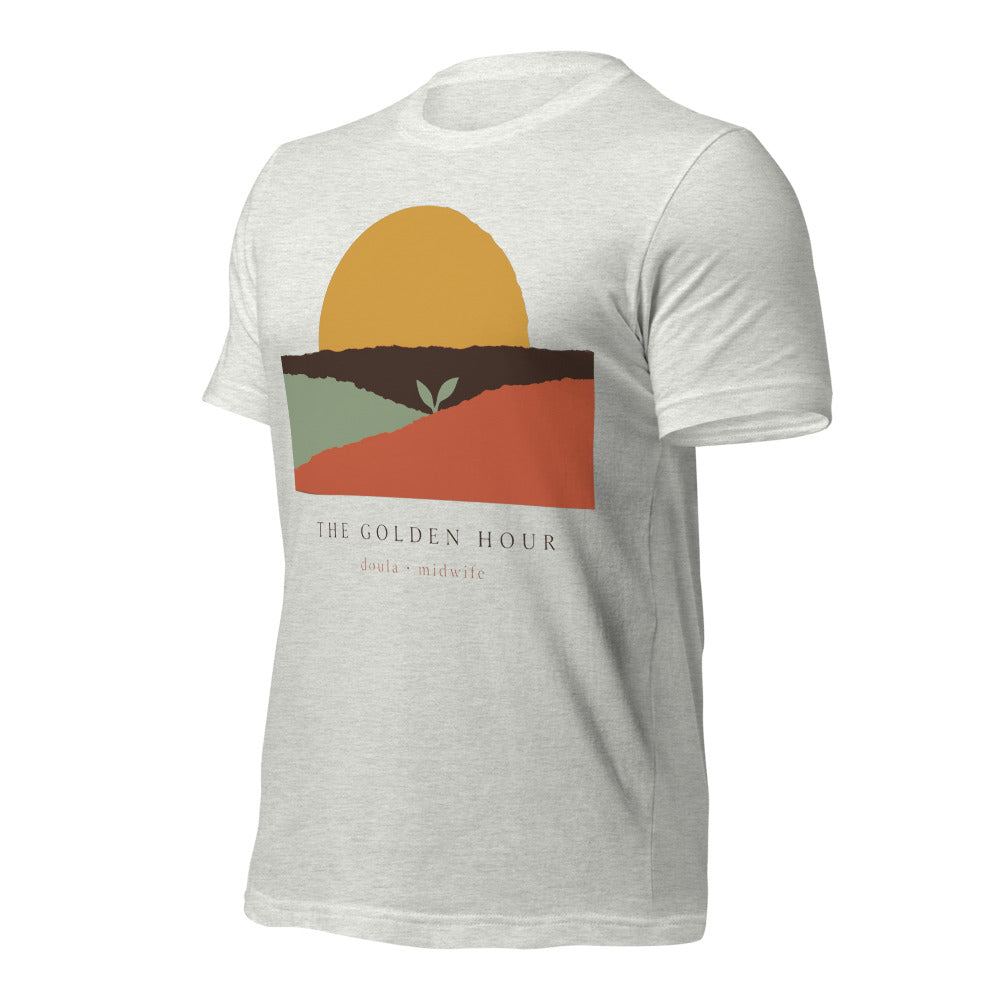 The Golden Hour birth worker doula t-shirt — Ash, front-right