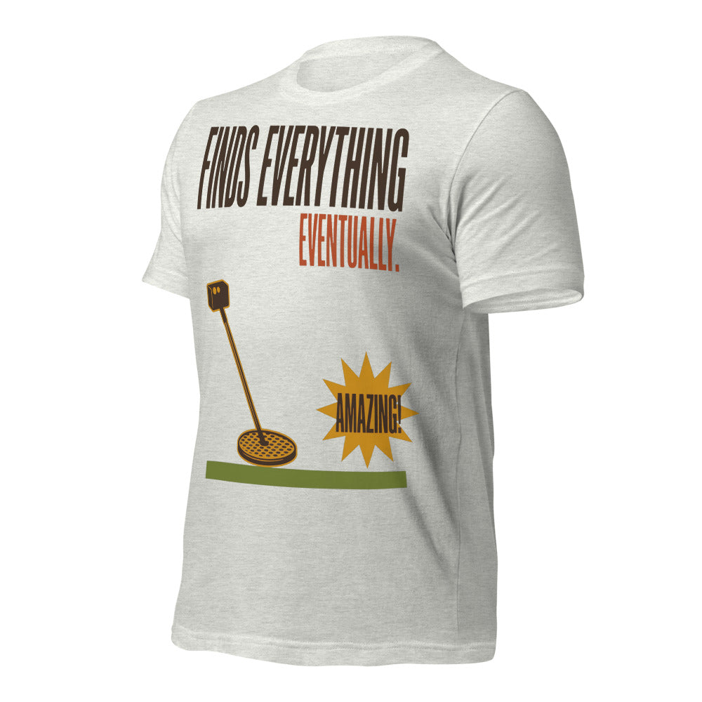 Finds Everything Eventually retro metal detecting tee — Ash, front-right