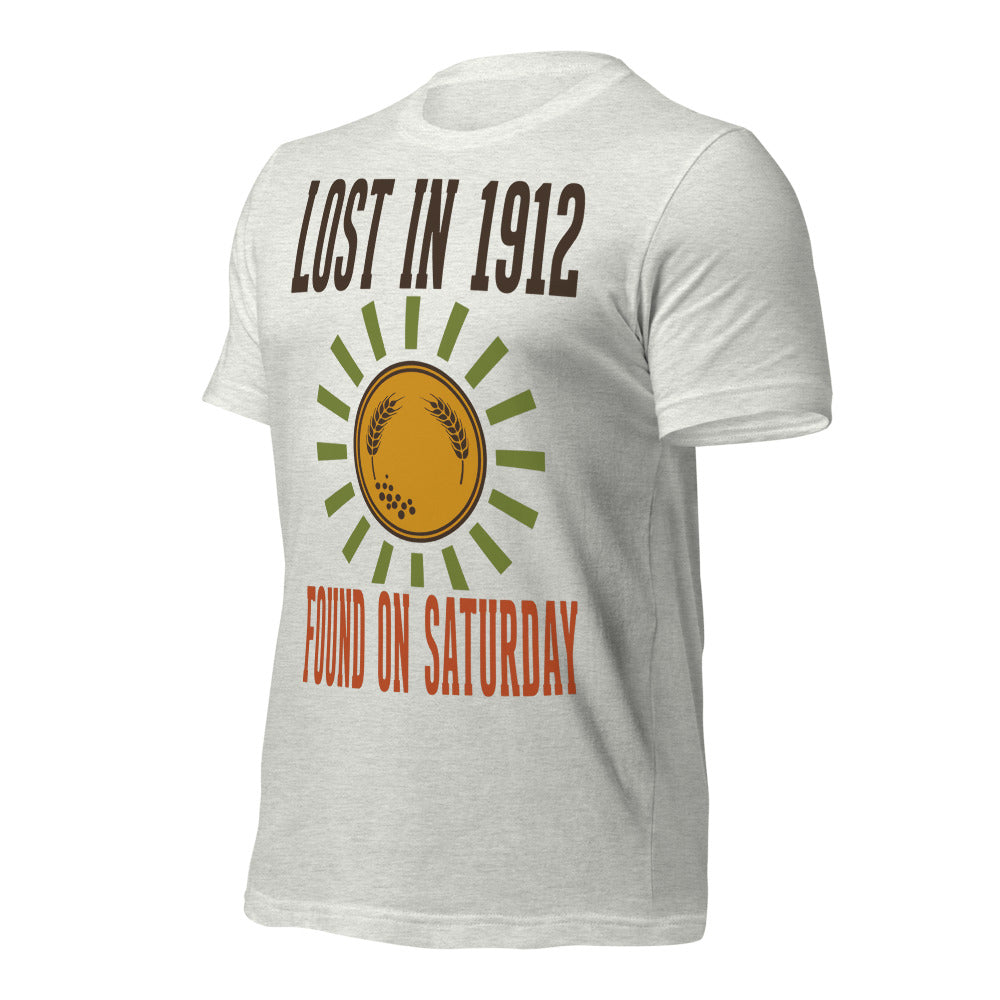 Lost in 1912 Found on Saturday retro metal detecting tee — Ash, front-right