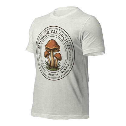 Mushroom Foraging Mycological Society vintage botanical tee — Ash, front-right