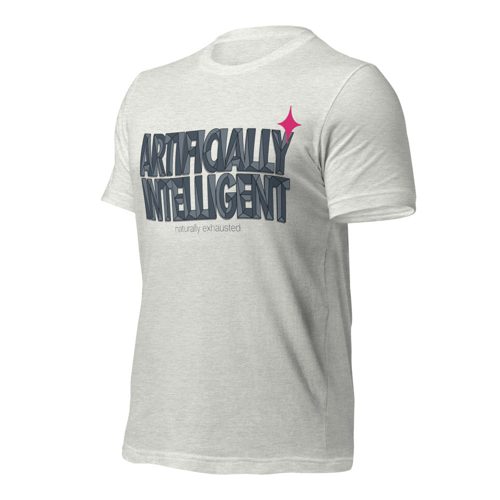 Artificially Intelligent funny AI t-shirt — Ash, front-right