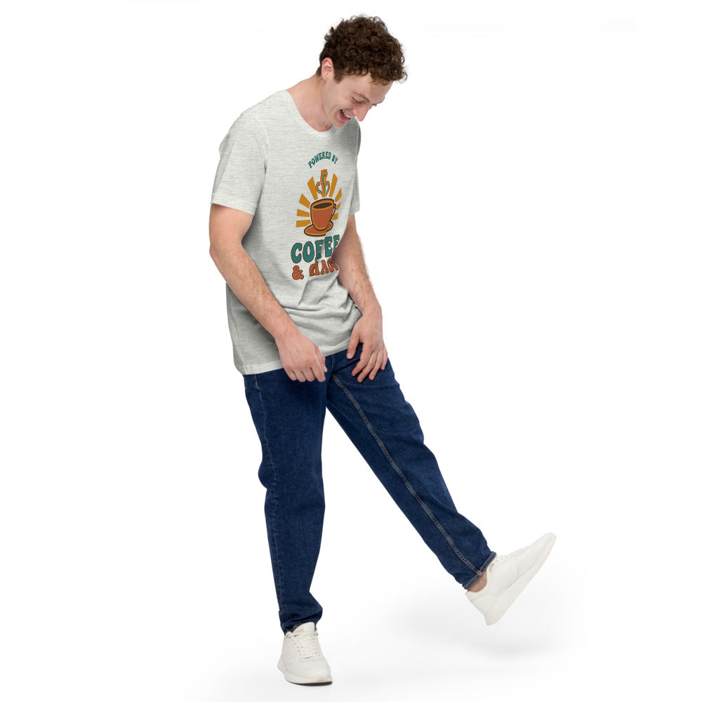 Powered By Coffee And Chaos retro groovy teacher tee — Ash, on model