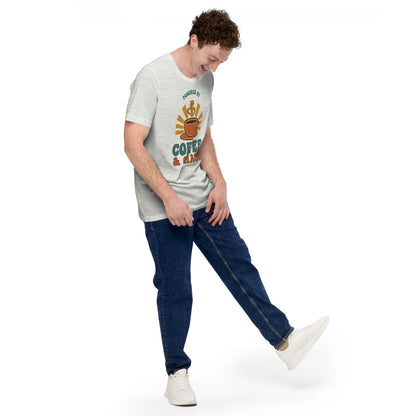 Powered By Coffee And Chaos retro groovy teacher tee — Ash, on model